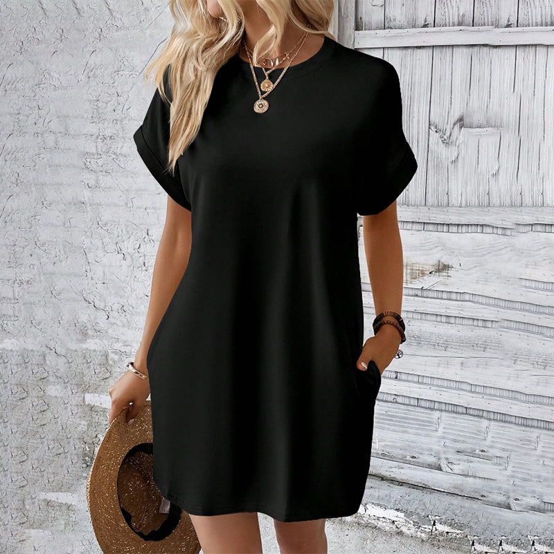 👗 Damen-Tunika-Kleid mit Rundhals – einfarbig, lockere Passform mit praktischen Taschen, vielseitig & bequem für Alltag, Freizeit & Reisen 🌿