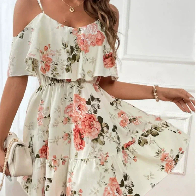 👗 50% RABATT! 🌸 Damen Boho Blumenprint Cold-Shoulder-Kleid – Leicht & fließend – Ideal für Sommer, Strand oder Gartenparty – romantischer Look mit Lässigkeit ✨☀️🌿