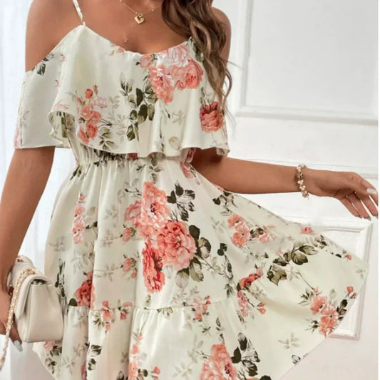 👗 50% RABATT! 🌸 Damen Boho Blumenprint Cold-Shoulder-Kleid – Leicht & fließend – Ideal für Sommer, Strand oder Gartenparty – romantischer Look mit Lässigkeit ✨☀️🌿