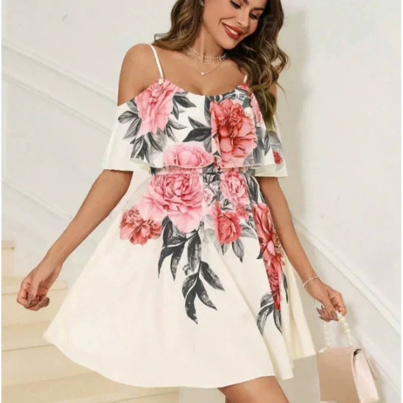 👗 50% RABATT! 🌸 Damen Boho Blumenprint Cold-Shoulder-Kleid – Leicht & fließend – Ideal für Sommer, Strand oder Gartenparty – romantischer Look mit Lässigkeit ✨☀️🌿