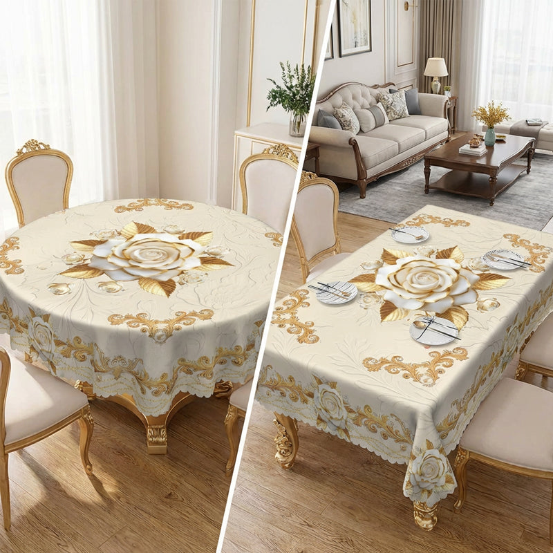 🛍️Elegantes Tischdecken-Set mit Rose & goldgeprägtem Muster – wasserdicht, ölbeständig & stilvoll – ideal für Esstisch, Couchtisch & Wohnzimmer 🌹