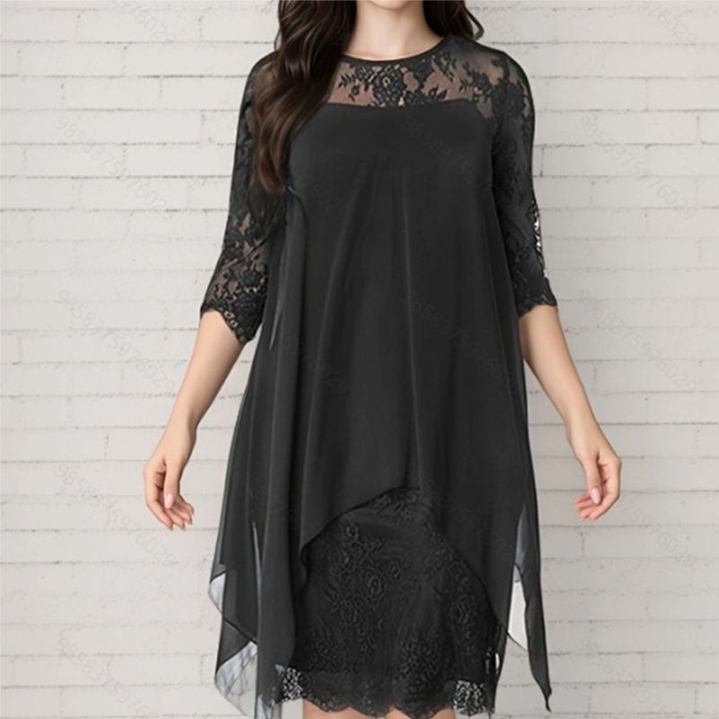 💕Elegantes Damenkleid mit asymmetrischem Saum und Spitzenbesatz