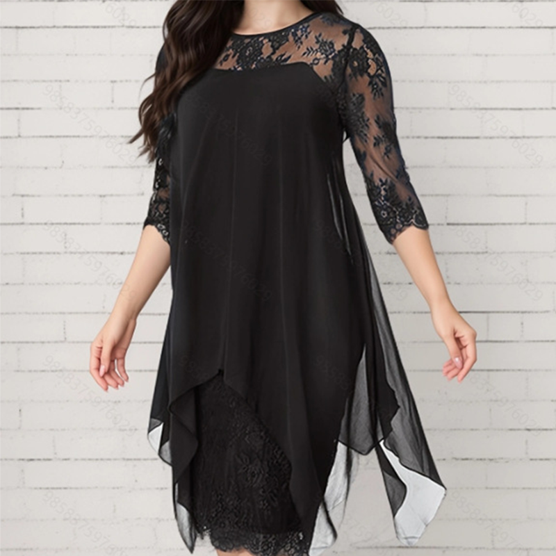 💕Elegantes Damenkleid mit asymmetrischem Saum und Spitzenbesatz