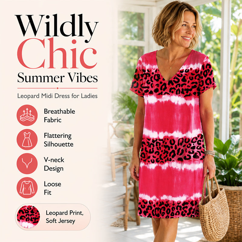 🏖️ Sommer-Sale 50% RABATT 🏝️🐆Damen Leoprint Midi-Kleid mit V-Ausschnitt👗✨