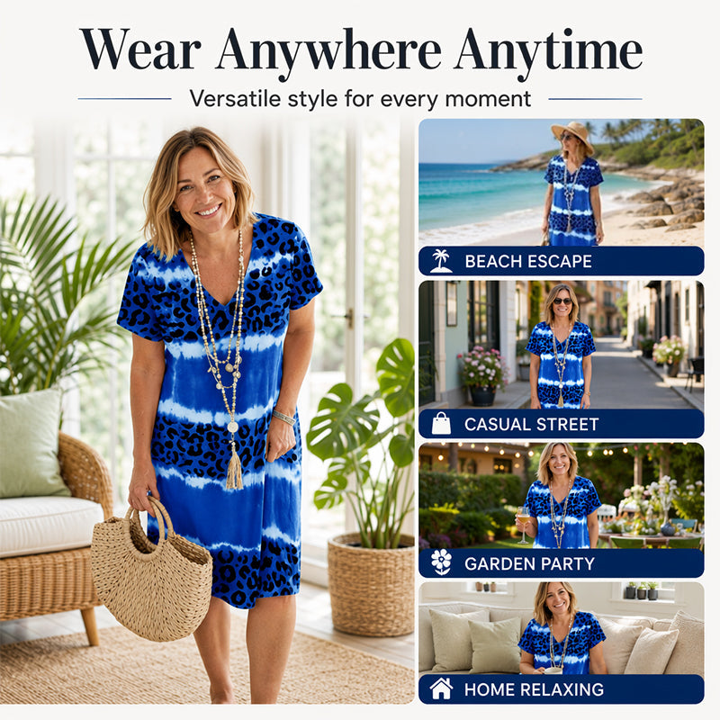 🏖️ Sommer-Sale 50% RABATT 🏝️🐆Damen Leoprint Midi-Kleid mit V-Ausschnitt👗✨