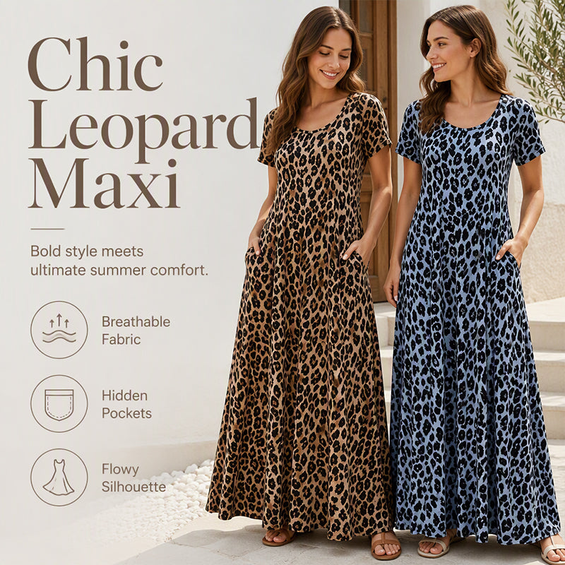 40% RABATT!👗Damen Leopardenmuster Maxi-Kleid mit Taschen Lässiges Kurzarm Langes Kleid