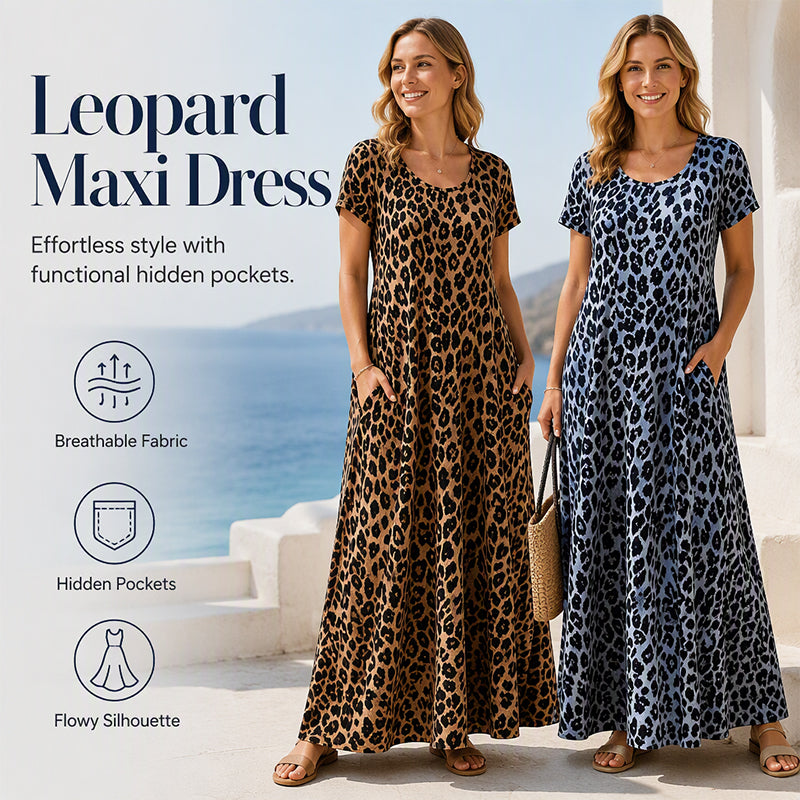 40% RABATT!👗Damen Leopardenmuster Maxi-Kleid mit Taschen Lässiges Kurzarm Langes Kleid