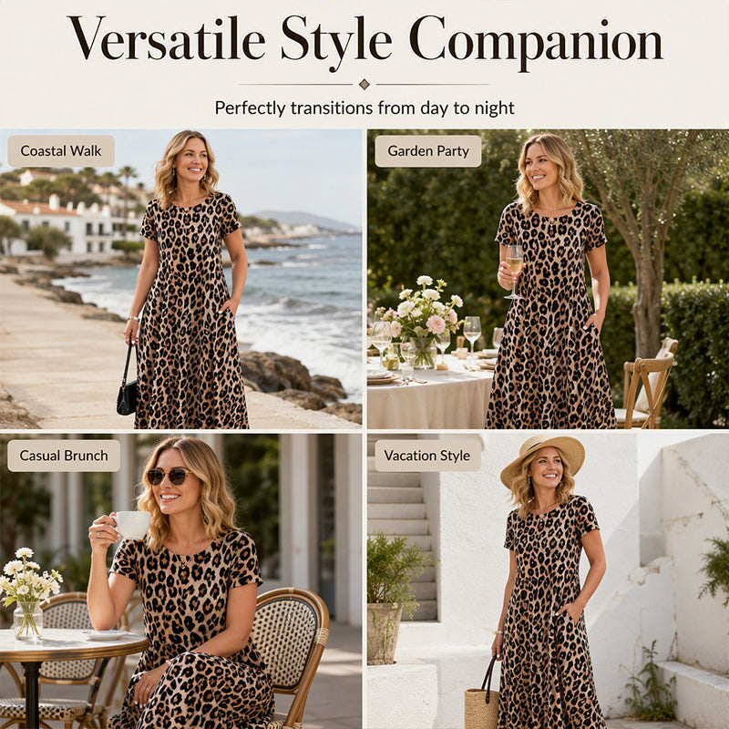 40% RABATT!👗Damen Leopardenmuster Maxi-Kleid mit Taschen Lässiges Kurzarm Langes Kleid