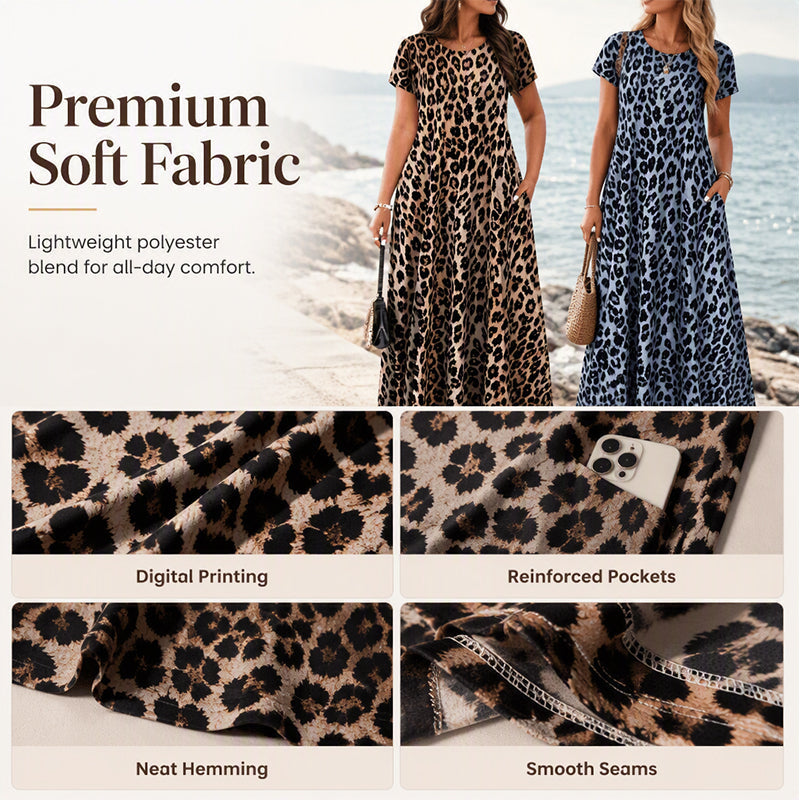 40% RABATT!👗Damen Leopardenmuster Maxi-Kleid mit Taschen Lässiges Kurzarm Langes Kleid