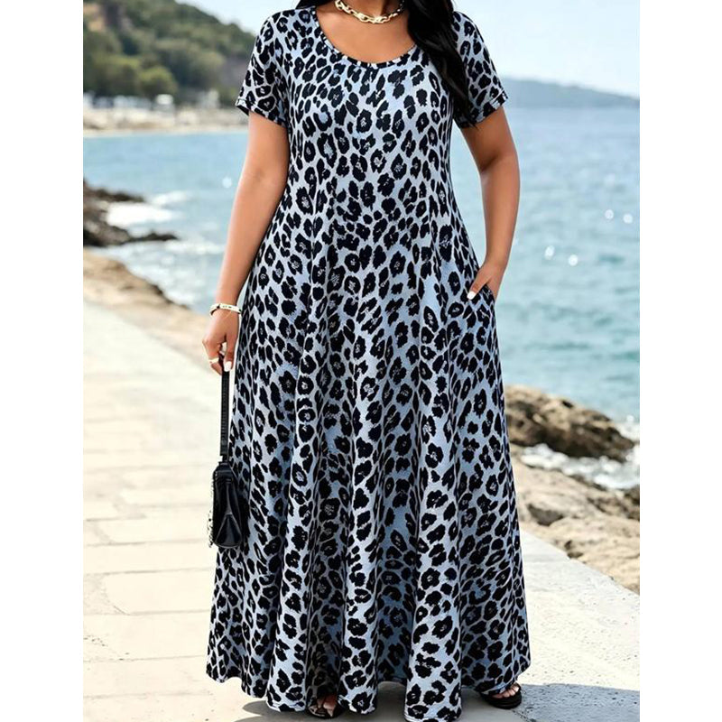 40% RABATT!👗Damen Leopardenmuster Maxi-Kleid mit Taschen Lässiges Kurzarm Langes Kleid
