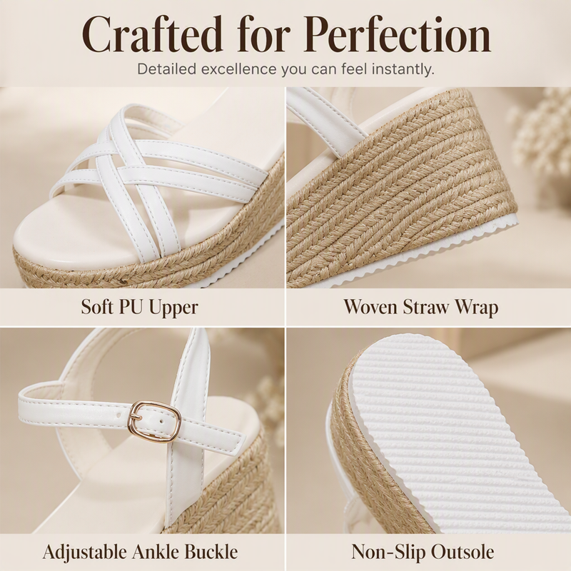 👡 -50% ! 🌴 Damen Keilabsatz-Sandalen Geflochten Knöchelriemen Offene Zehen – PU – Stabile Plateform & Beinverlängerung für Boho Sommer-Look ☀️