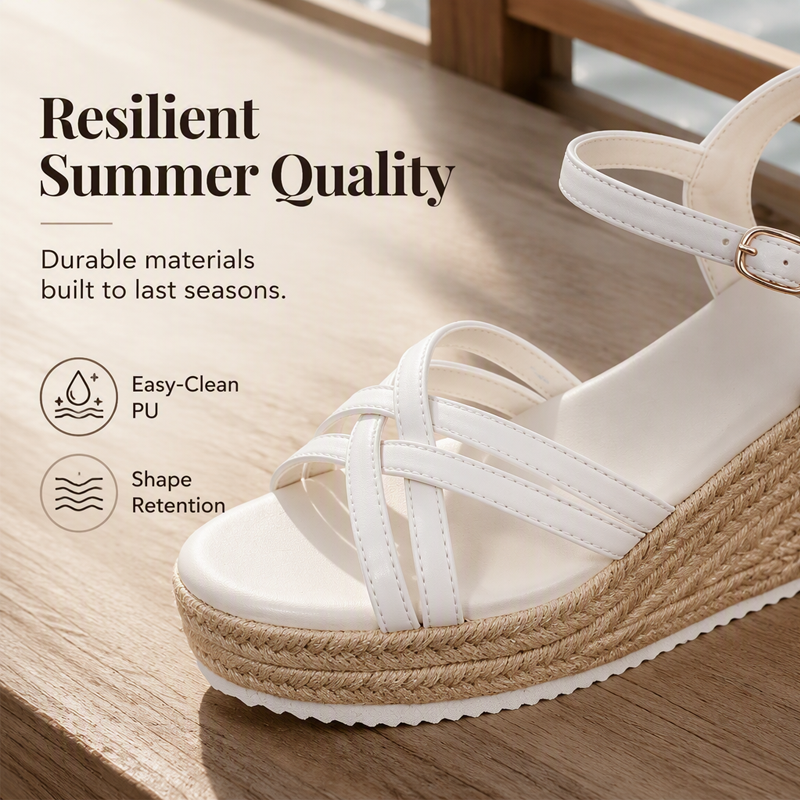👡 -50% ! 🌴 Damen Keilabsatz-Sandalen Geflochten Knöchelriemen Offene Zehen – PU – Stabile Plateform & Beinverlängerung für Boho Sommer-Look ☀️