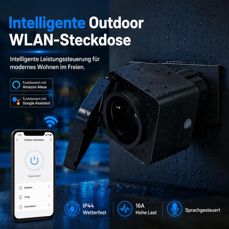 WLAN-Außensteckdose mit Stromzähler, IP54, kompatibel mit Alexa, Google Home & Matter, Fernsteuerung, Zeitplan, 2,4 GHz, 3680W