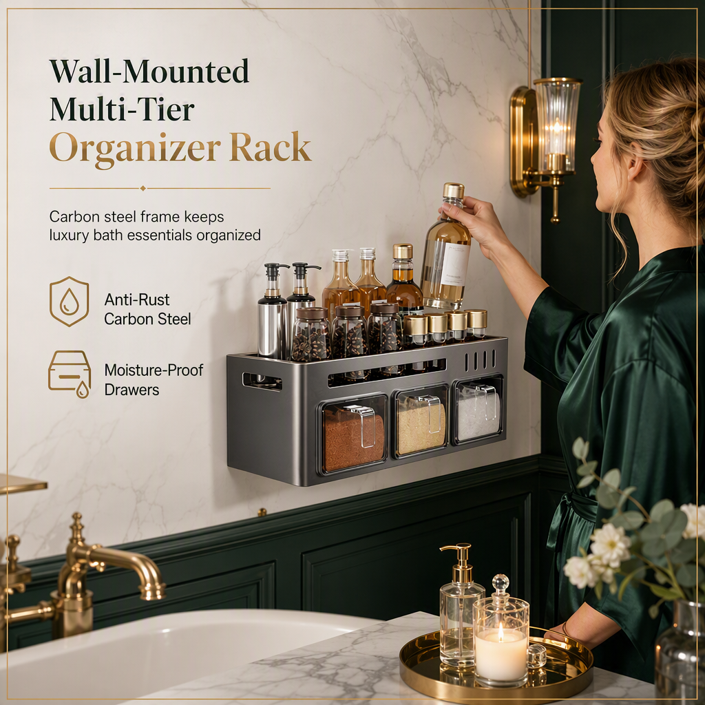 🔥 50 % Rabatt! 🧂 Gewürzregal ohne Bohren – Wandmontierter Küchen Organizer mit Gewürzgläsern & Löffeln