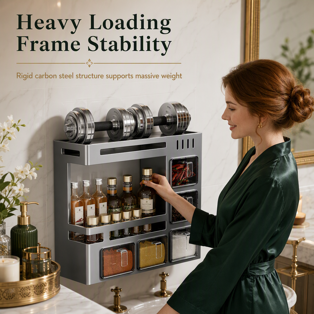 🔥 50 % Rabatt! 🧂 Gewürzregal ohne Bohren – Wandmontierter Küchen Organizer mit Gewürzgläsern & Löffeln