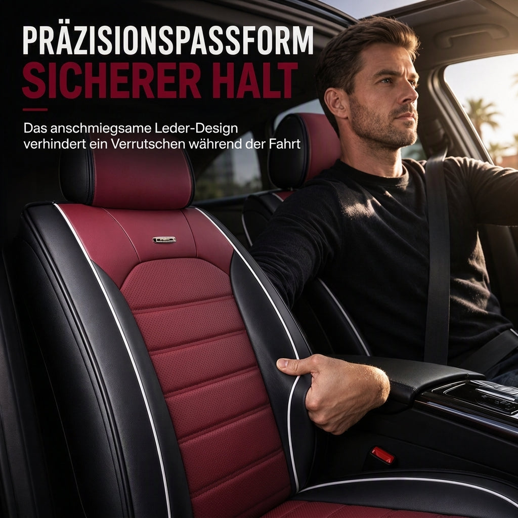 🚙Universelle Ganzjahres-Autositzbezüge aus Leder – Vollabdeckende Sitzschoner mit Farbblock- & Streifen-Design, passend für 5-Sitzer