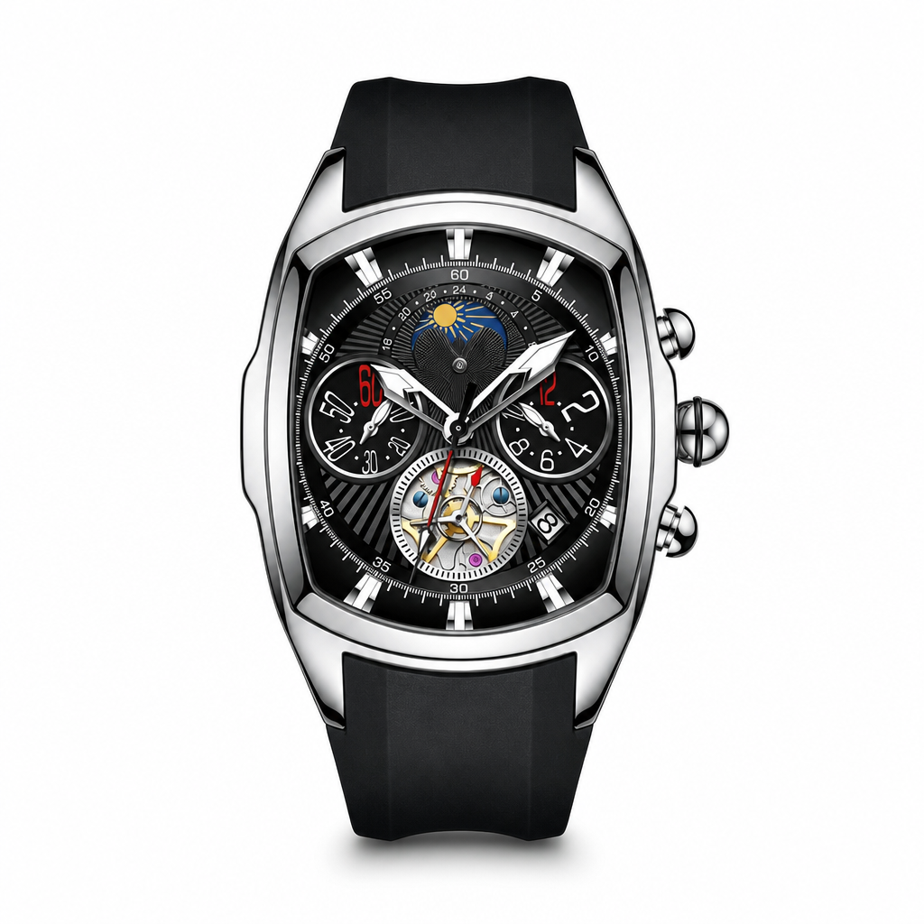 🕰️ Herren Tonneau Quarz-Chronograph mit skelettiertem Zifferblatt, Mondphase, Kalender & Silikonarmband