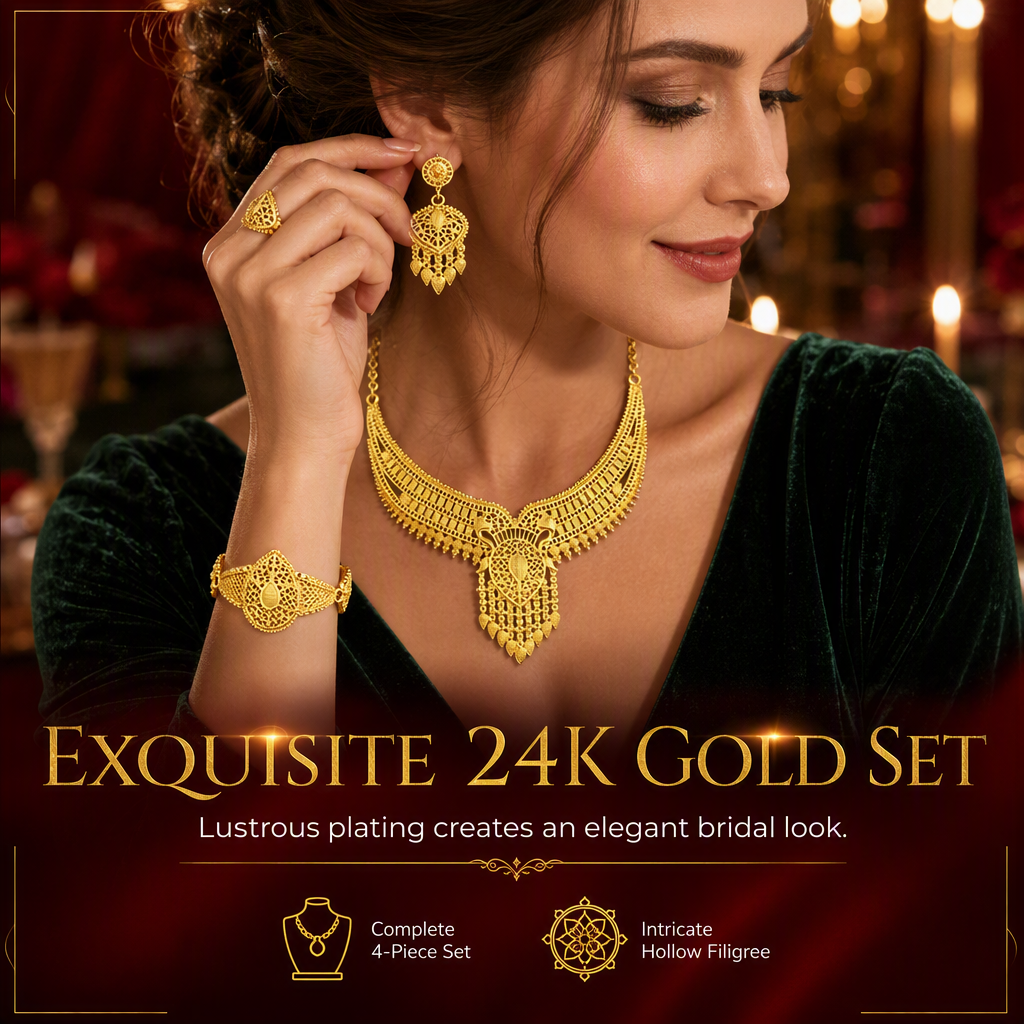 ⏳Limited-time 50% off⏰24K Gold Plated Bridal Jewelry Set | Dubai Indian Style | Necklace Bracelet Ring & Earrings Set for Women💛💍📿