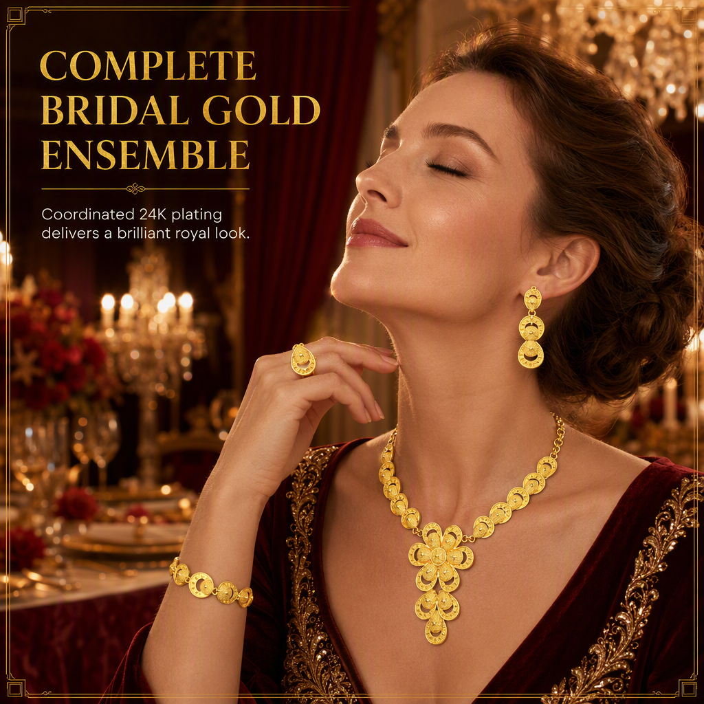 ⏳Limited-time 50% off⏰24K Gold Plated Bridal Jewelry Set | Dubai Indian Style | Necklace Bracelet Ring & Earrings Set for Women💛💍📿