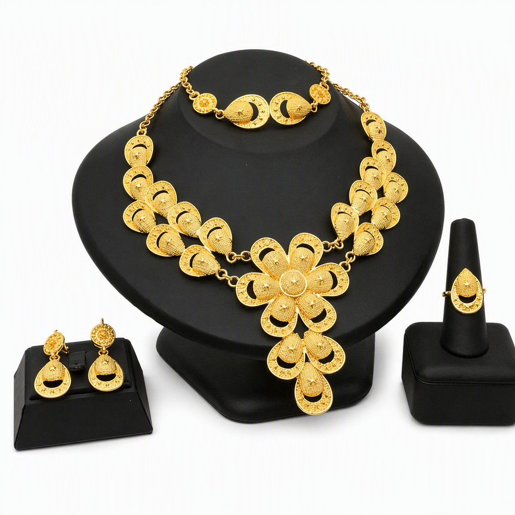 ⏳Limited-time 50% off⏰24K Gold Plated Bridal Jewelry Set | Dubai Indian Style | Necklace Bracelet Ring & Earrings Set for Women💛💍📿