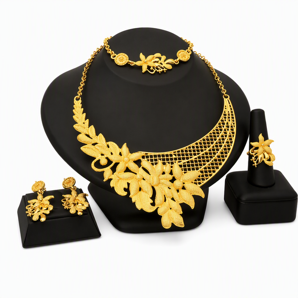 ⏳Limited-time 50% off⏰24K Gold Plated Bridal Jewelry Set | Dubai Indian Style | Necklace Bracelet Ring & Earrings Set for Women💛💍📿