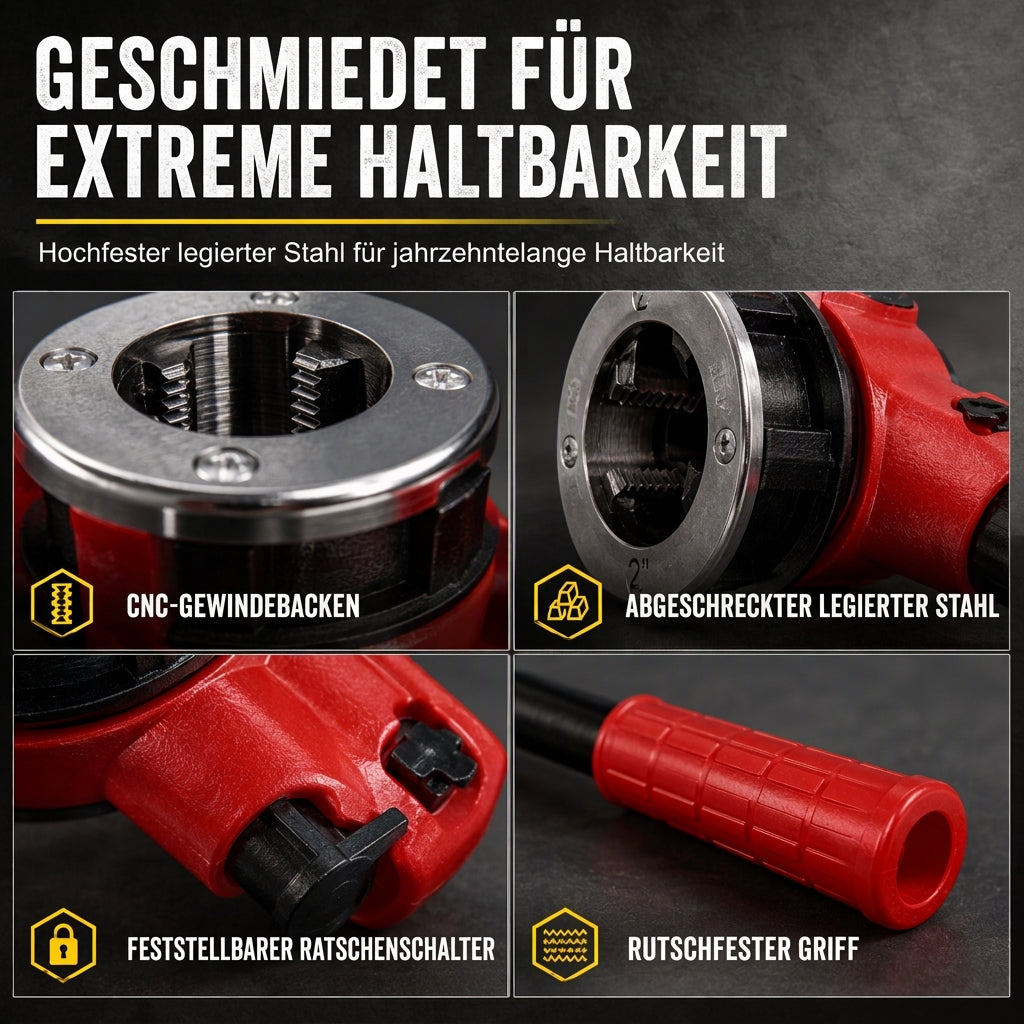 📢📢50% RABATT !!⏰Manuelles Gewindeschneidwerkzeug-Set für Rohre mit Ratschengriff und Schneideisenköpfen
