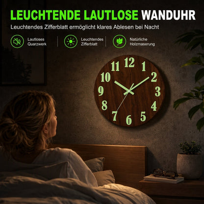 🔥 Zeitlich begrenztes Angebot 🕰️ 12 Zoll geräuschlose hölzerne Wanduhr – mit leuchtender Anzeige und MDF-Holzoptik ✨