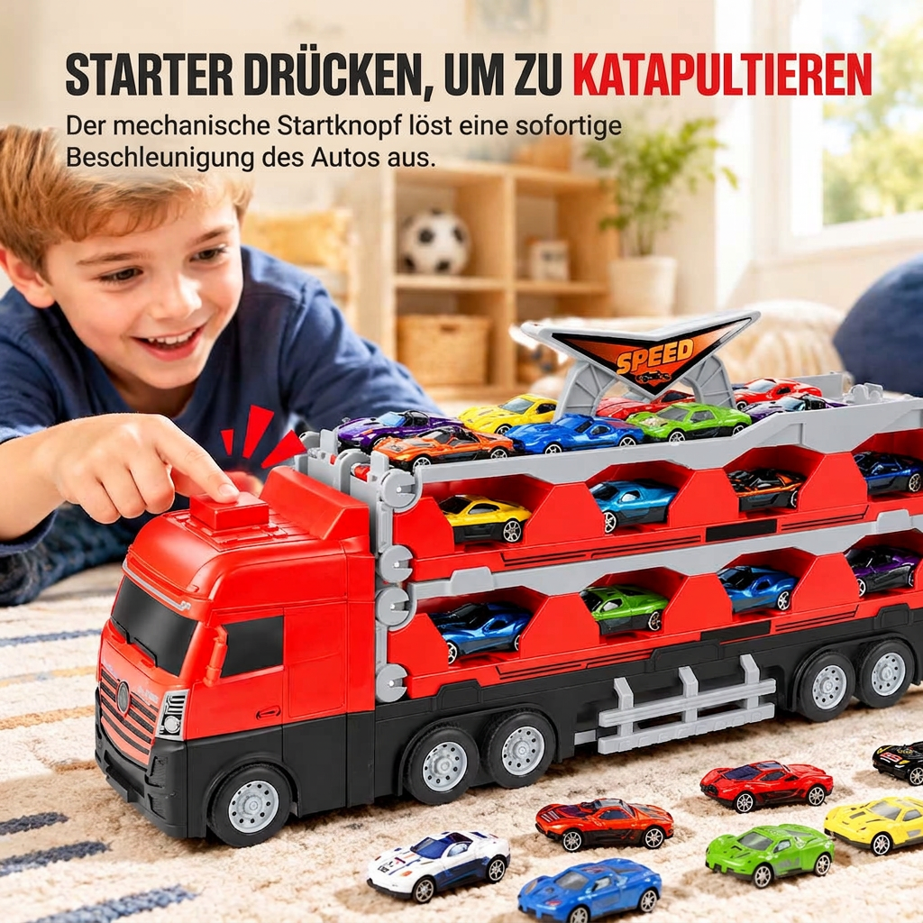 ⏳Begrenzte Zeit 50% Rabatt💥Spielzeug-Transformations-Lagerlastwagen für Kinder mit Soundeffekten und 207 cm langer, klappbarer Katapult-Rennstrecke sowie Mini-Legierungs-Baufahrzeugen