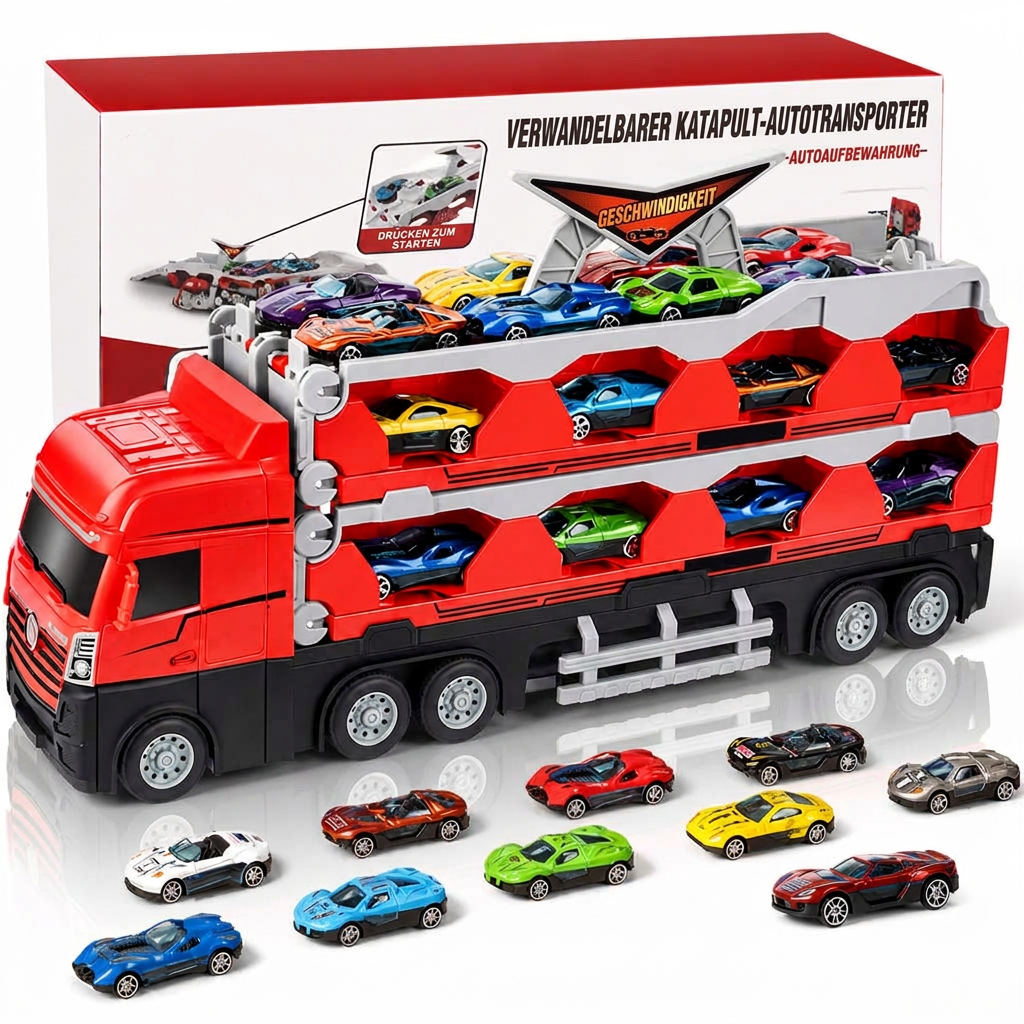⏳Begrenzte Zeit 50% Rabatt💥Spielzeug-Transformations-Lagerlastwagen für Kinder mit Soundeffekten und 207 cm langer, klappbarer Katapult-Rennstrecke sowie Mini-Legierungs-Baufahrzeugen