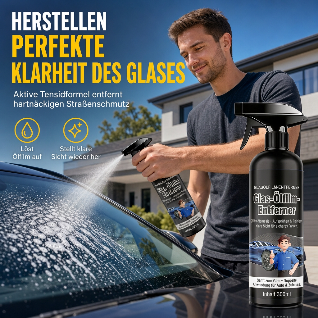 📢📢50% RABATT !!⏰Auto Glas Ölfilm Entferner Spray – starker Scheibenreiniger gegen Verschmutzungen und Insektenrückstände für klare Sicht beim Fahren