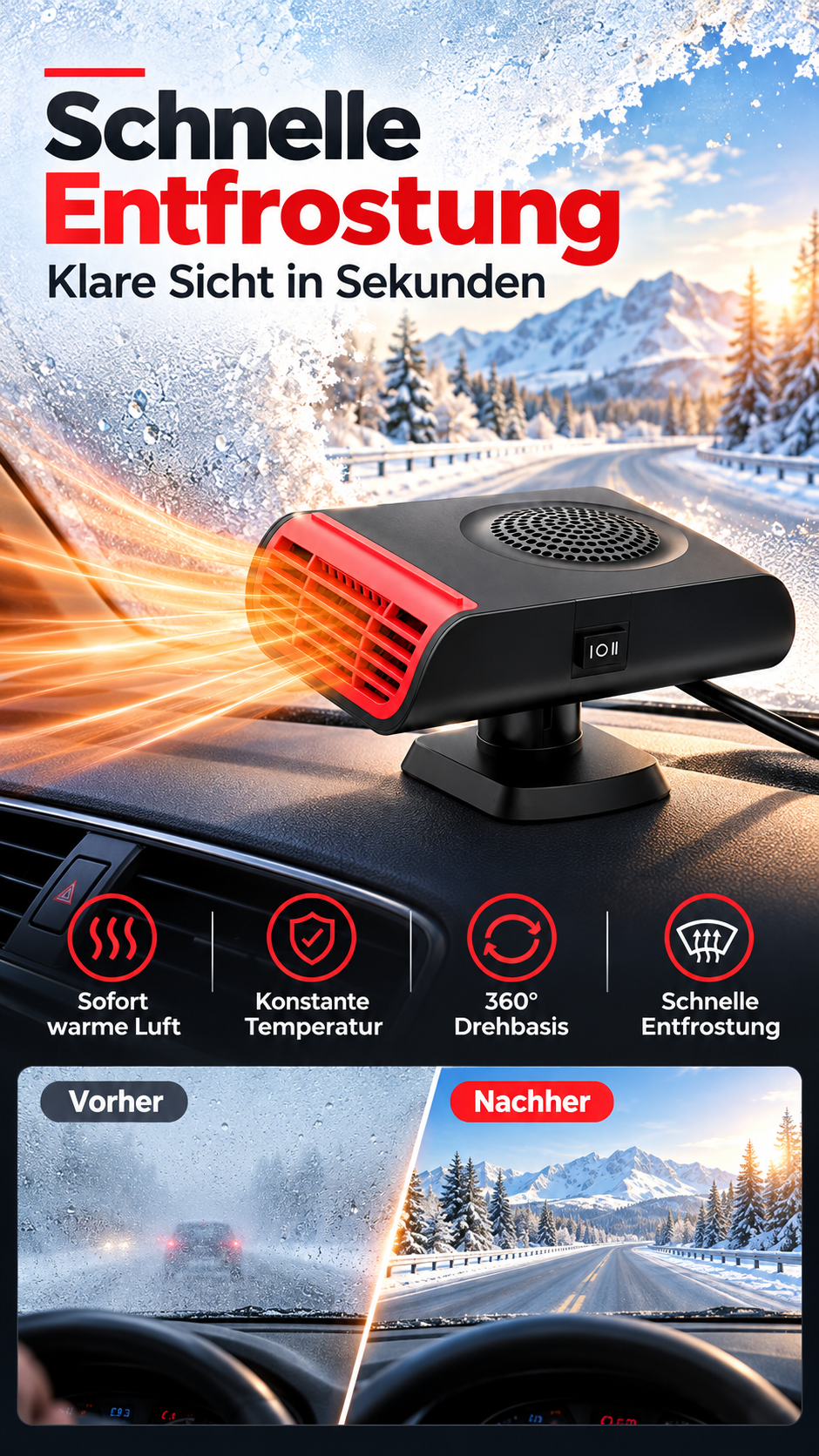 ⏳Zeitlich begrenztes Angebot⏳ Mini-Auto-Heizlüfter für die Windschutzscheibe – schwenkbarer Fuß, 12 V oder 24 V, Schwarz oder Blau