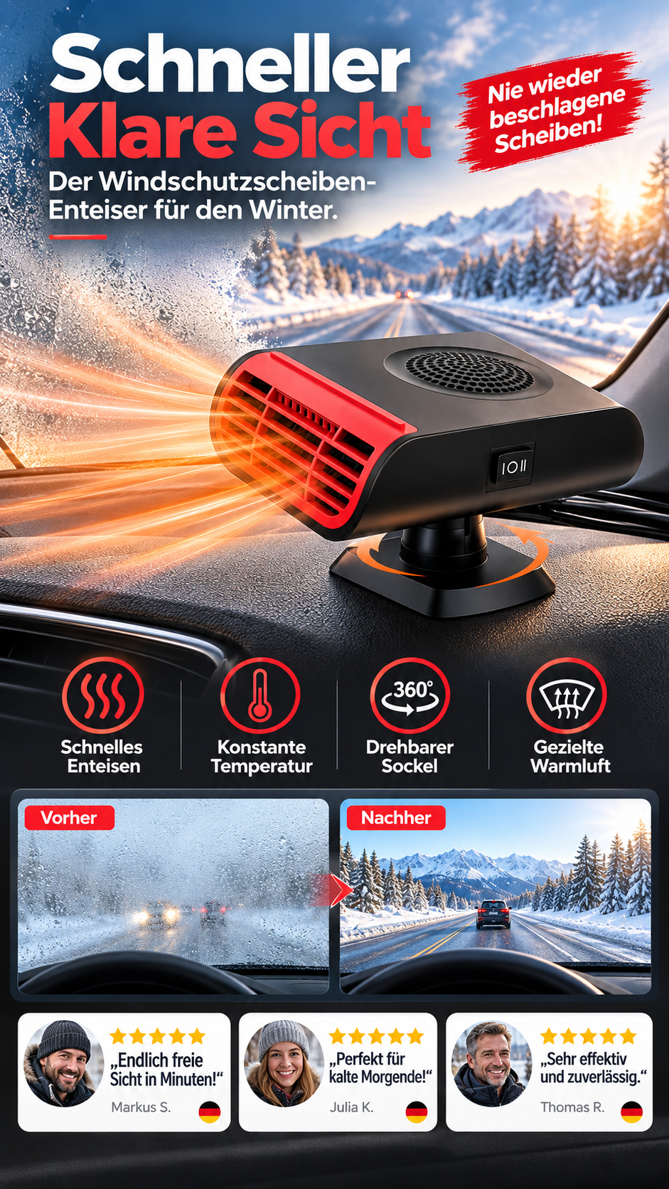 ⏳Zeitlich begrenztes Angebot⏳ Mini-Auto-Heizlüfter für die Windschutzscheibe – schwenkbarer Fuß, 12 V oder 24 V, Schwarz oder Blau