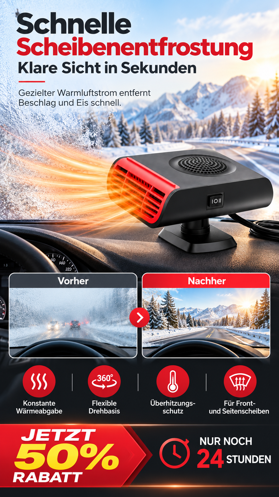 ⏳Zeitlich begrenztes Angebot⏳ Mini-Auto-Heizlüfter für die Windschutzscheibe – schwenkbarer Fuß, 12 V oder 24 V, Schwarz oder Blau