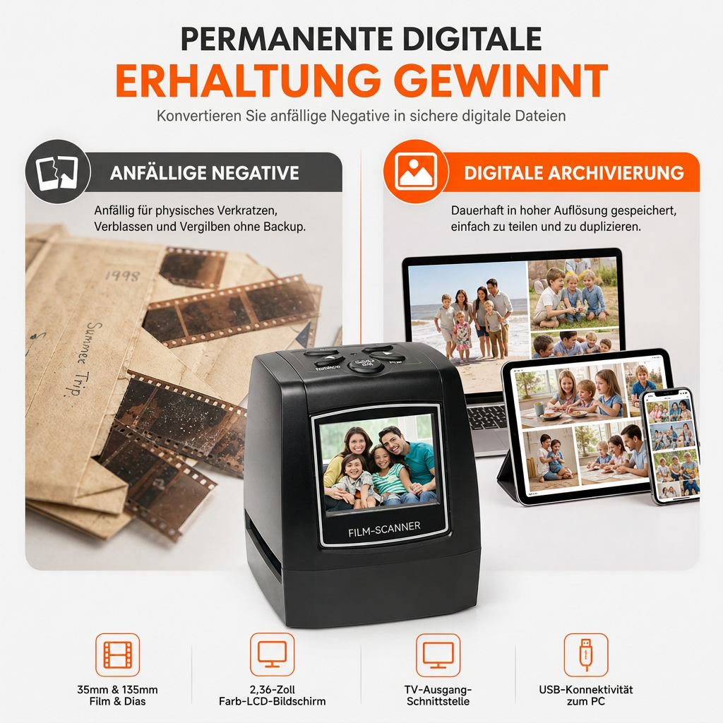 📢📢50% RABATT !!⏰Tragbarer 35mm 135mm Filmscanner mit 2,36-Zoll-LCD-Bildschirm für Negative und Dias