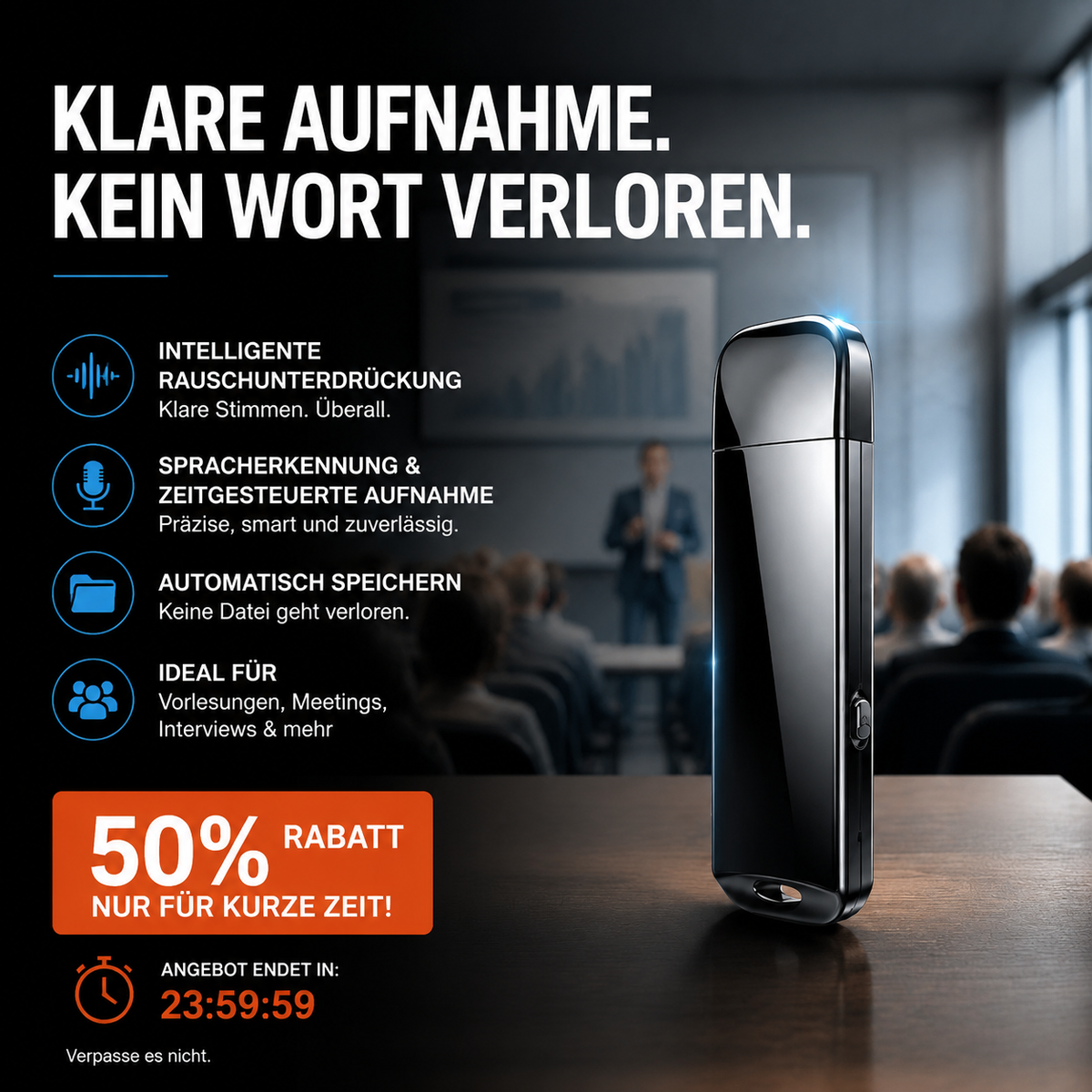 【🚗Zeitlich begrenztes Angebot – 50% Rabatt!!】🔒Verschlüsselter USB-Diktierrekorder | Datenschutz & Rauschunterdrückung & Einfache Bedienung