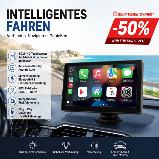🚗📱 50% RABATT! CarPlay AutoPlay Multimedia 9 Zoll – Drahtloses Apple CarPlay & Android Auto, HD-Touchscreen, GPS & Rückfahrkamera-Unterstützung – Perfekt für moderne Fahrzeuge ✨